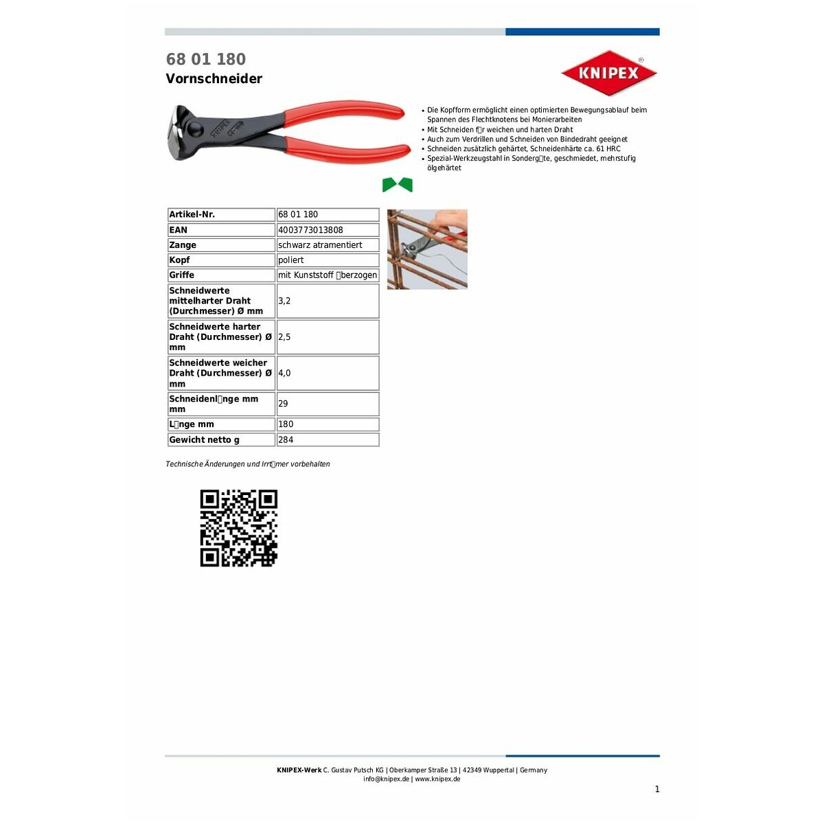 Pince coupante frontale puissante 180 mm