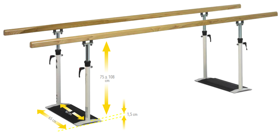 Foldaway parallel bars with tulipwood handrail, adjustable height, 3m
